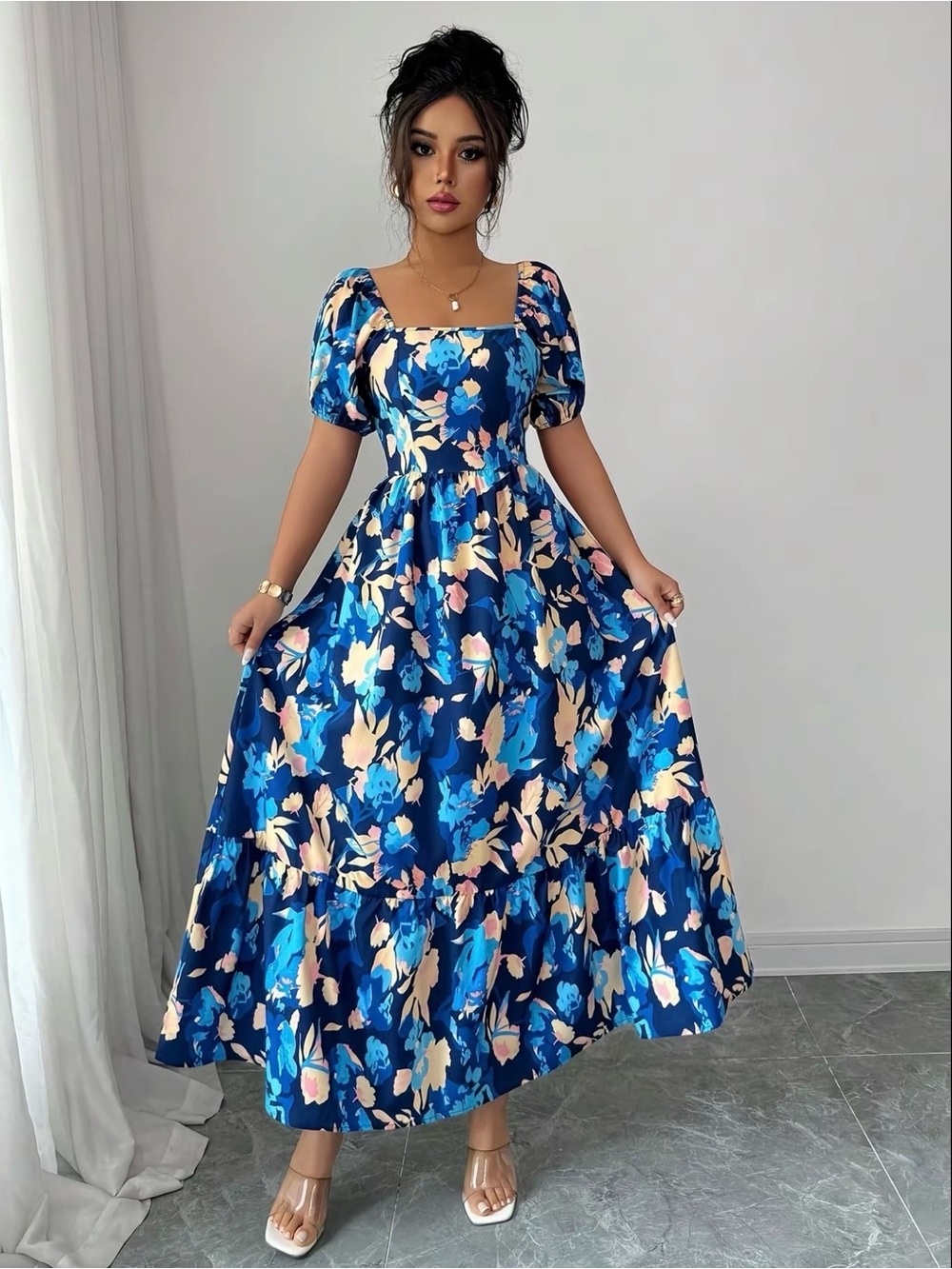 Blue Floral Square-Neck Maxi Dress Size L NWOT - Picture 3 of 4